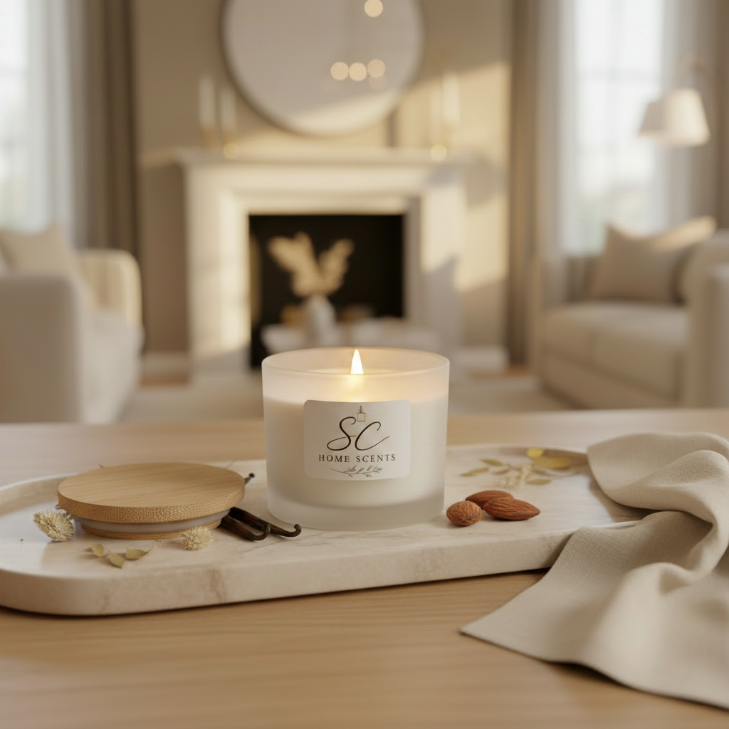 Almond and Vanilla soy candle lit in a cosy living room setting with bamboo lid to the side