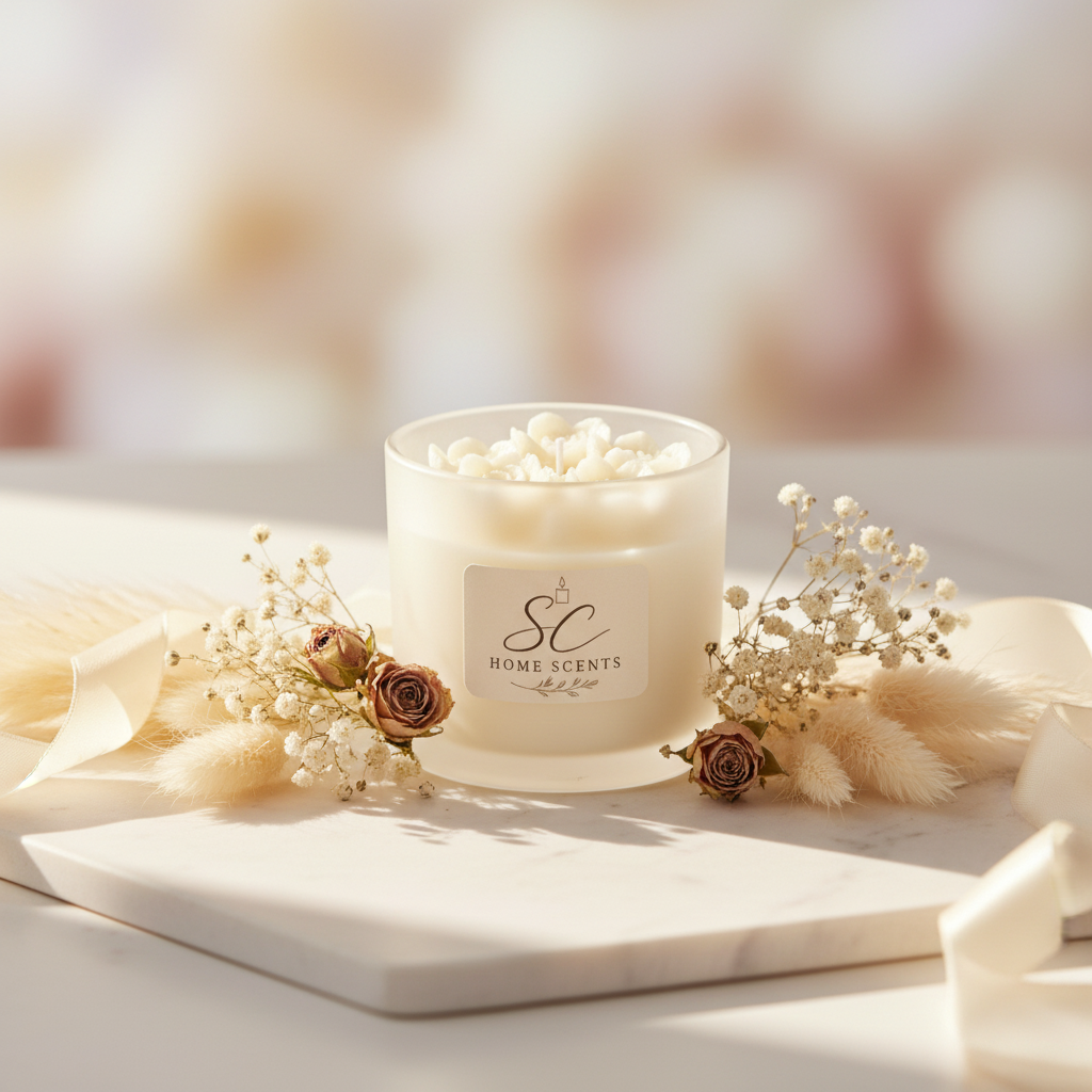 Cream floral top candle in elegant lifestyle setting with dried flowers
