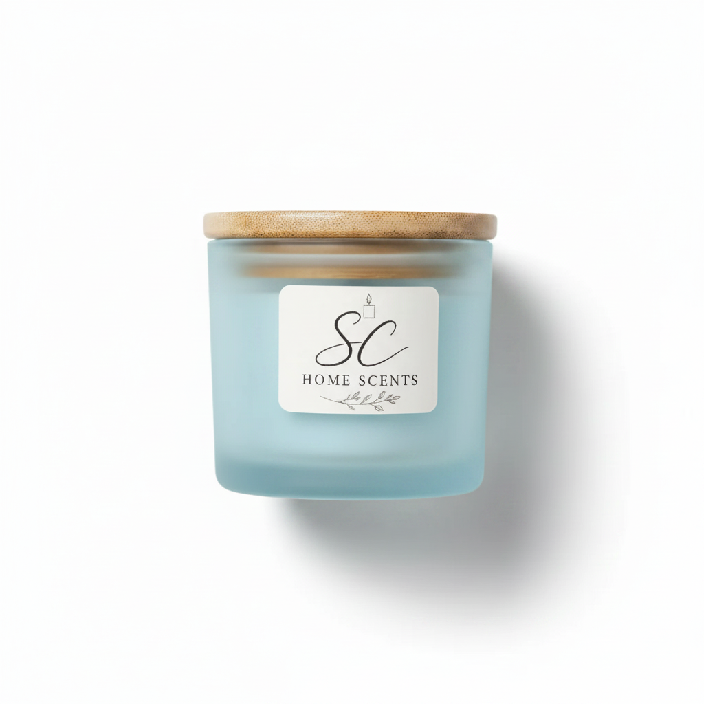 Sea Breeze soy candle in frosted blue glass jar with bamboo lid on white background
