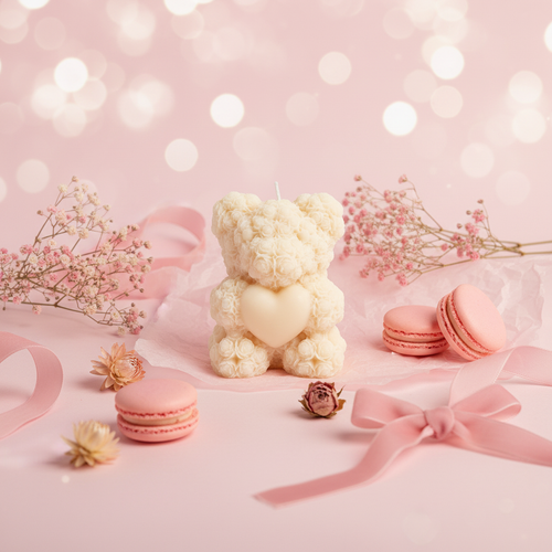 Cream teddy bear candle in sweet pastel lifestyle setting