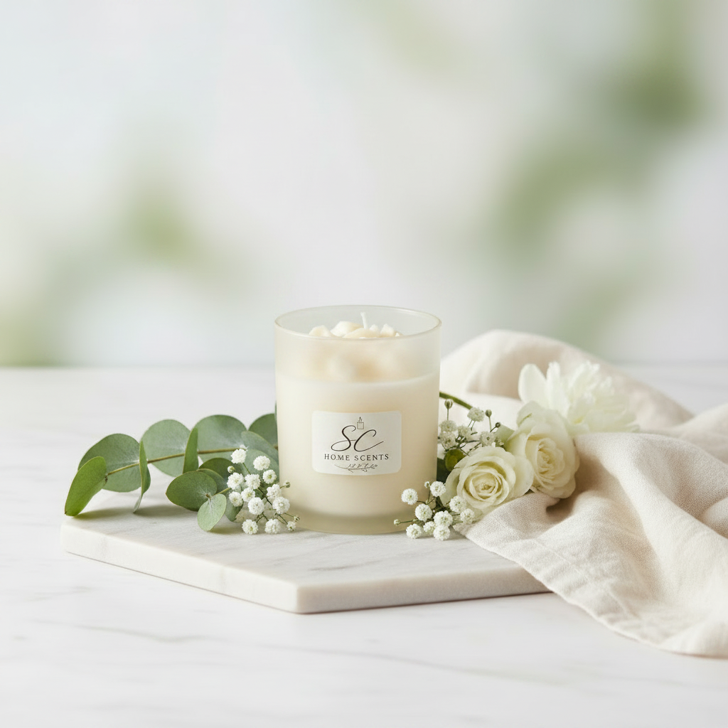 Cream floral top candle in serene lifestyle setting with eucalyptus and white flowers