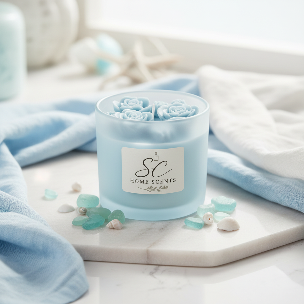 Blue floral top candle in coastal lifestyle setting with sea glass and shells