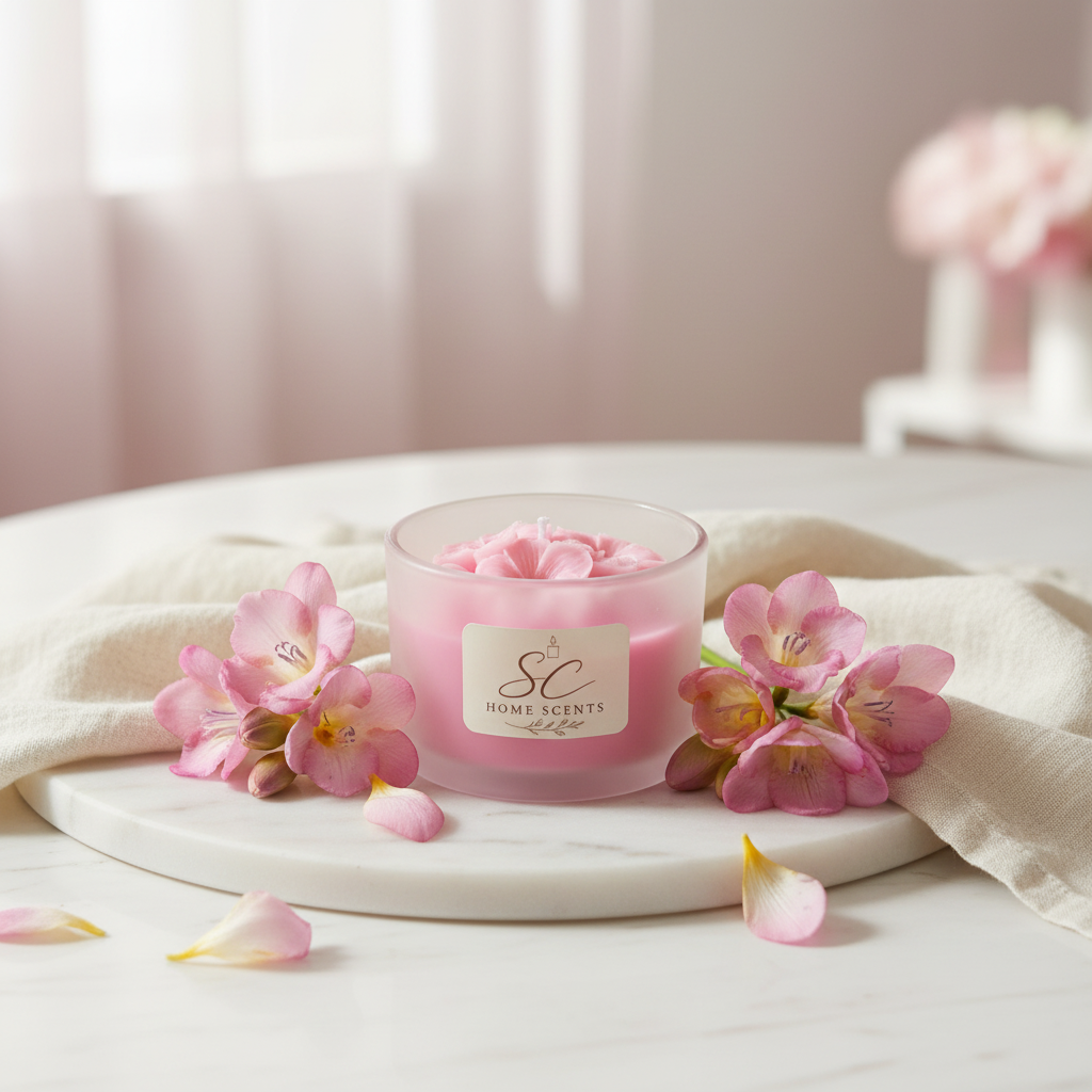 Pink frosted glass floral top candle in romantic lifestyle setting with freesia flowers