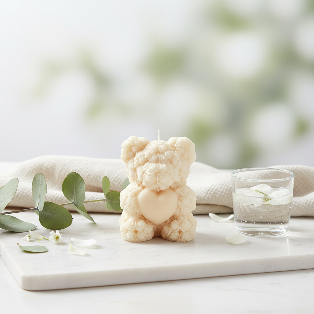 Cream teddy bear candle on marble with eucalyptus and white flowers