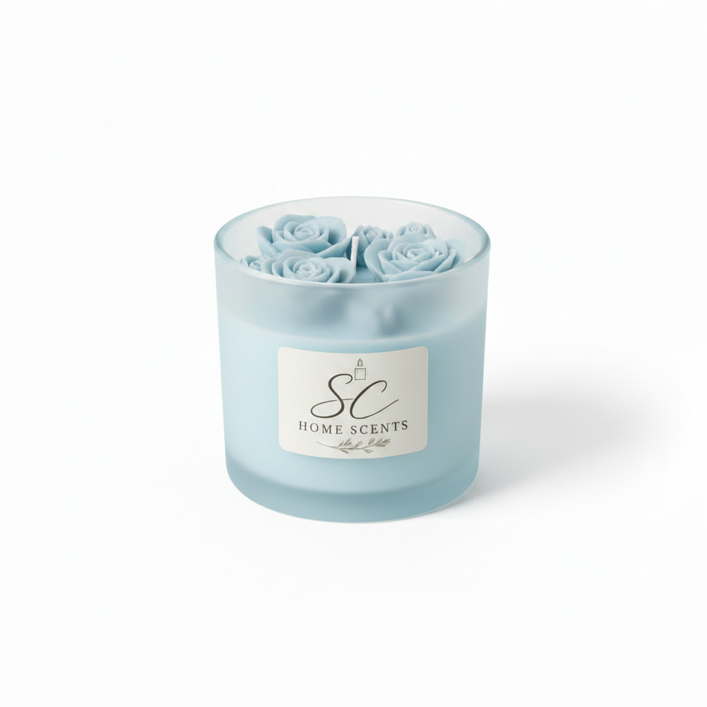 Soft blue frosted glass floral top candle with sculpted blue wax roses on white background