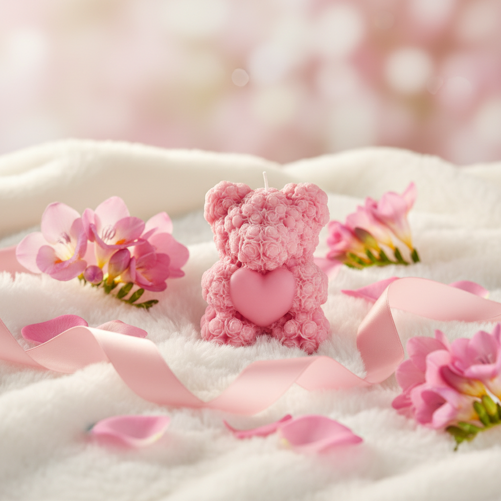 Pink teddy bear candle with fresh freesia flowers lifestyle shot