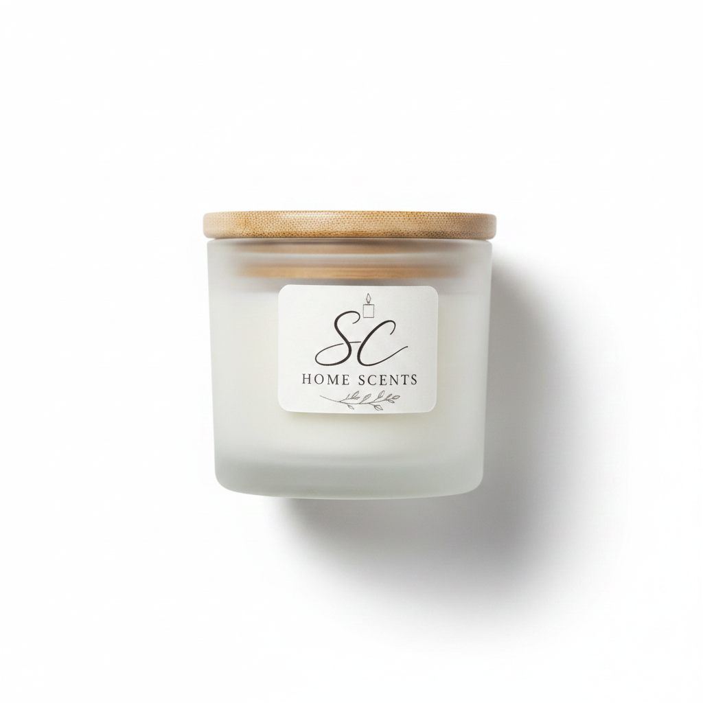 Almond and Vanilla soy candle in frosted glass jar with bamboo lid on white background