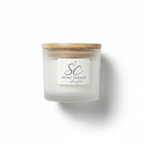 Almond and Vanilla soy candle in frosted glass jar with bamboo lid on white background
