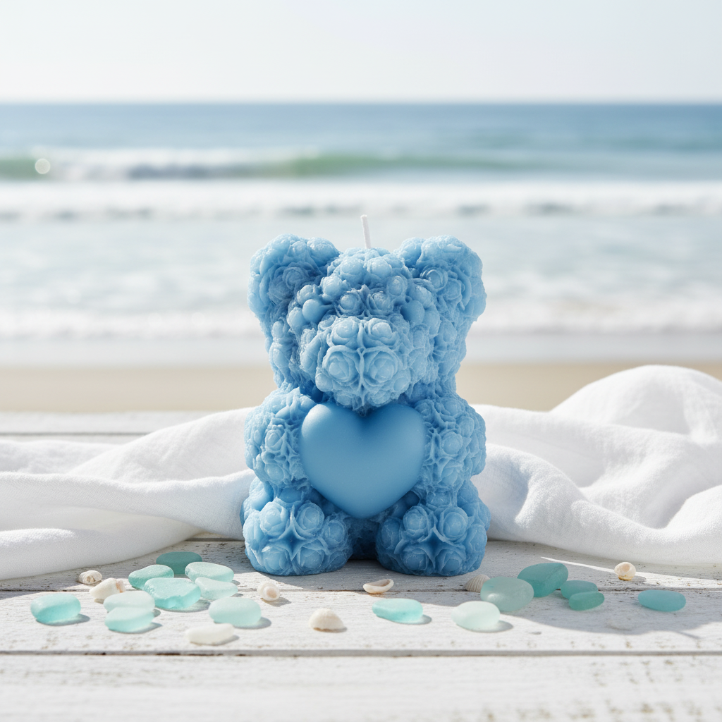 Blue rose-textured teddy bear candle in coastal lifestyle setting