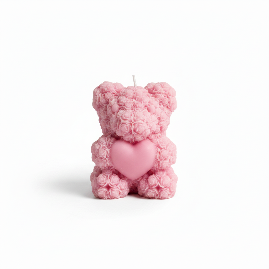 Pink rose-textured teddy bear candle with heart detail on white background