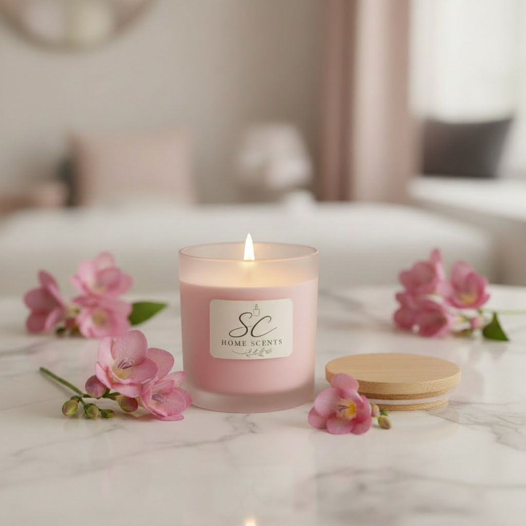Freesia soy candle lit on marble surface with fresh pink freesia flowers