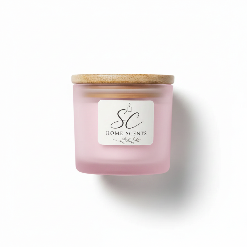 Freesia soy candle in frosted pink glass jar with bamboo lid on white background