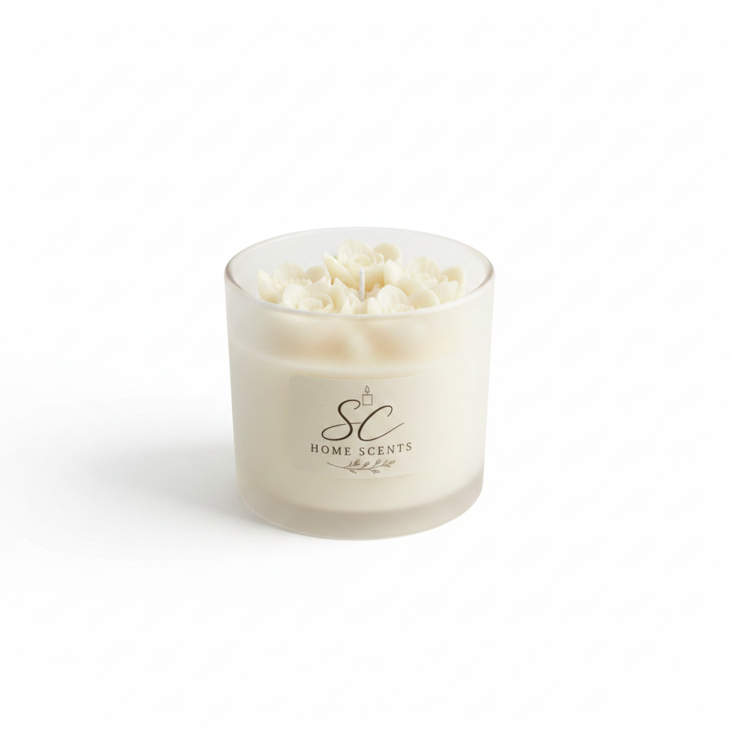 Cream frosted glass floral top candle with sculpted wax flowers on white background